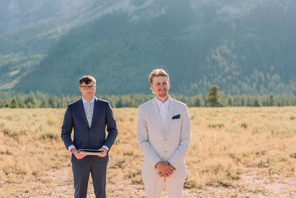 Cathedral View Turnout elopement ceremony Grand Teton National Park bride on horse Grand Teton elopement couple running down road Grand Teton elopement Jackson Hole micro wedding photographer how to get married in grand teton national park western wedding at Cathedral View Turnout horses in western wedding jackson hole