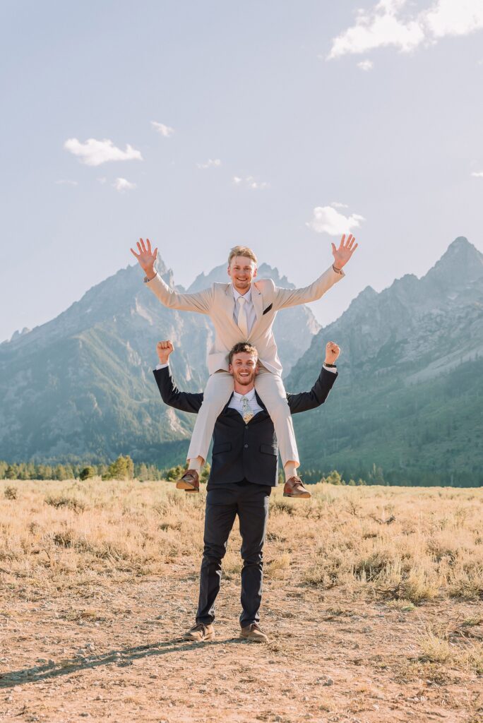 Cathedral View Turnout elopement ceremony Grand Teton National Park bride on horse Grand Teton elopement couple running down road Grand Teton elopement Jackson Hole micro wedding photographer how to get married in grand teton national park western wedding at Cathedral View Turnout horses in western wedding jackson hole