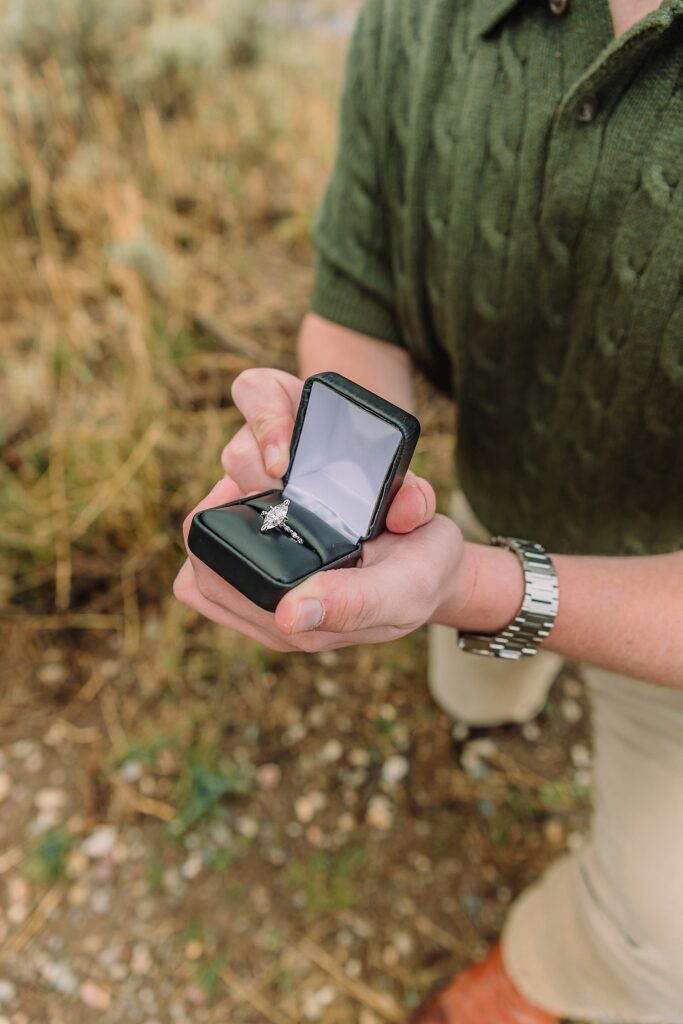 Grand Teton proposal photos at Cathedral View Turnout in the rain Cathedral View Turnout proposal photographer Jackson Hole Wyoming Genuine proposal reaction photos Grand Teton sagebrush field Moody stormy mountain proposal photography Jackson Hole jackson hole proposal photographer