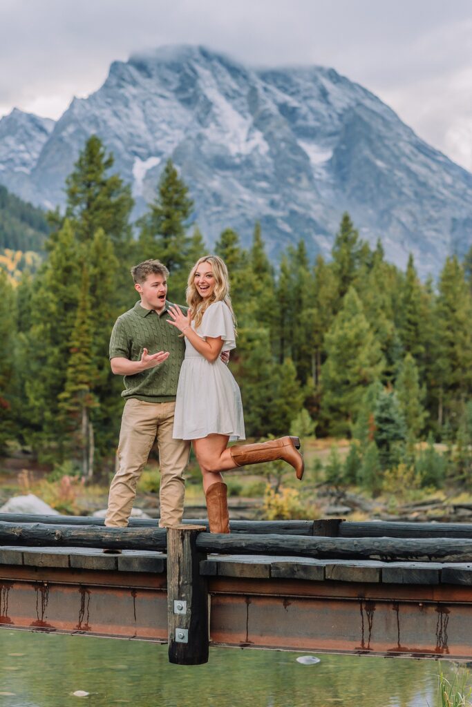 String Lake fall engagement photos Grand Teton National Park Rainy day engagement photos Grand Teton National Park fall Fall colors engagement session String Lake Wyoming mountains Couple getting engaged with Teton mountain peaks in background jackson hole engagement photographer