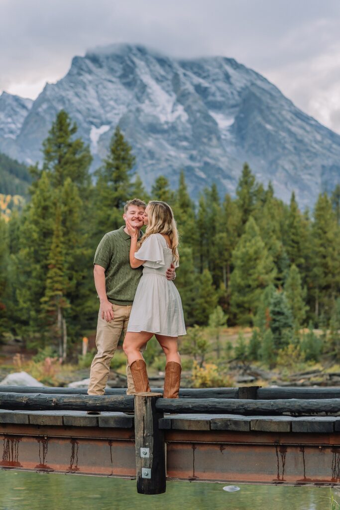 String Lake fall engagement photos Grand Teton National Park Rainy day engagement photos Grand Teton National Park fall Fall colors engagement session String Lake Wyoming mountains Couple getting engaged with Teton mountain peaks in background jackson hole engagement photographer