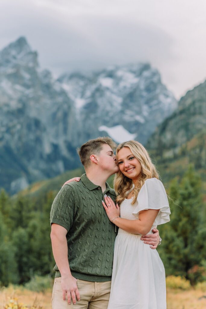 String Lake fall engagement photos Grand Teton National Park Rainy day engagement photos Grand Teton National Park fall Fall colors engagement session String Lake Wyoming mountains Couple getting engaged with Teton mountain peaks in background jackson hole engagement photographer