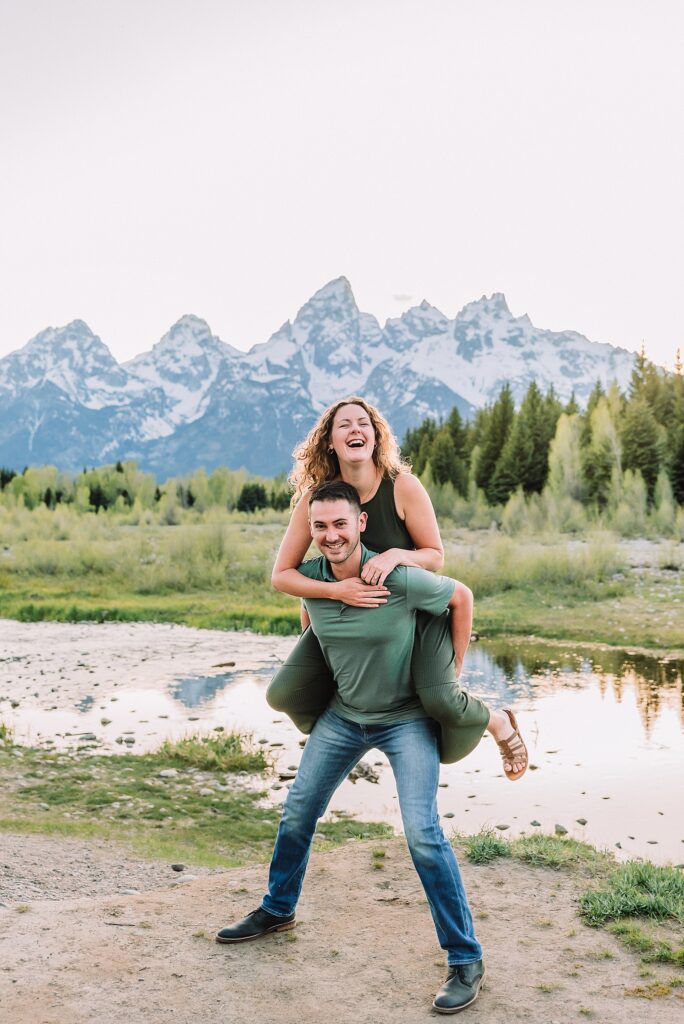 Schwabacher Landing sunset couples photography session green dress couples photos Schwabacher Landing reflections Teton mountain backdrop engagement photos Wyoming Jackson Hole Photographer Jackson Hole Couples Photography