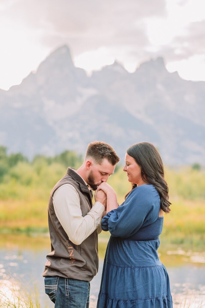 Schwabacher Landing proposal photos romantic Jackson Hole couple photography Grand Teton National Park proposal ideas Wyoming mountain surprise engagement session