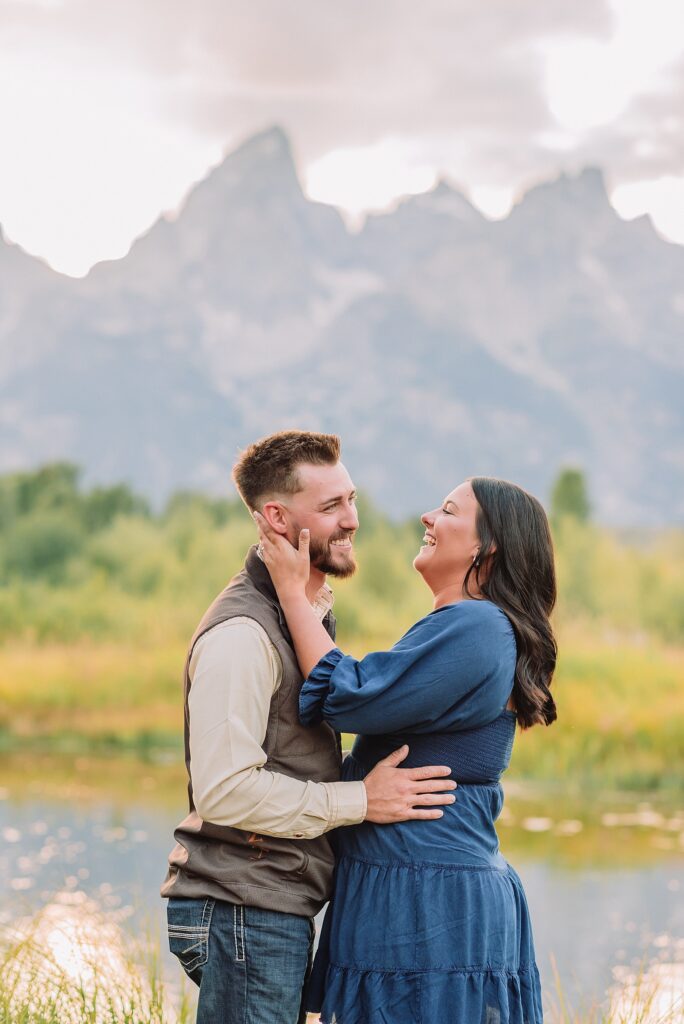 Schwabacher Landing proposal photos romantic Jackson Hole couple photography Grand Teton National Park proposal ideas Wyoming mountain surprise engagement session