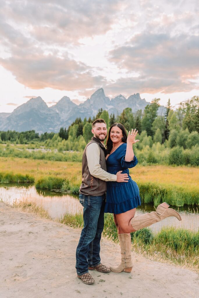 Jackson Hole surprise proposal at Schwabacher Landing Grand Teton surprise proposal photographer Jackson Hole engagement photos along Snake River surprise proposal reaction photography Wyoming