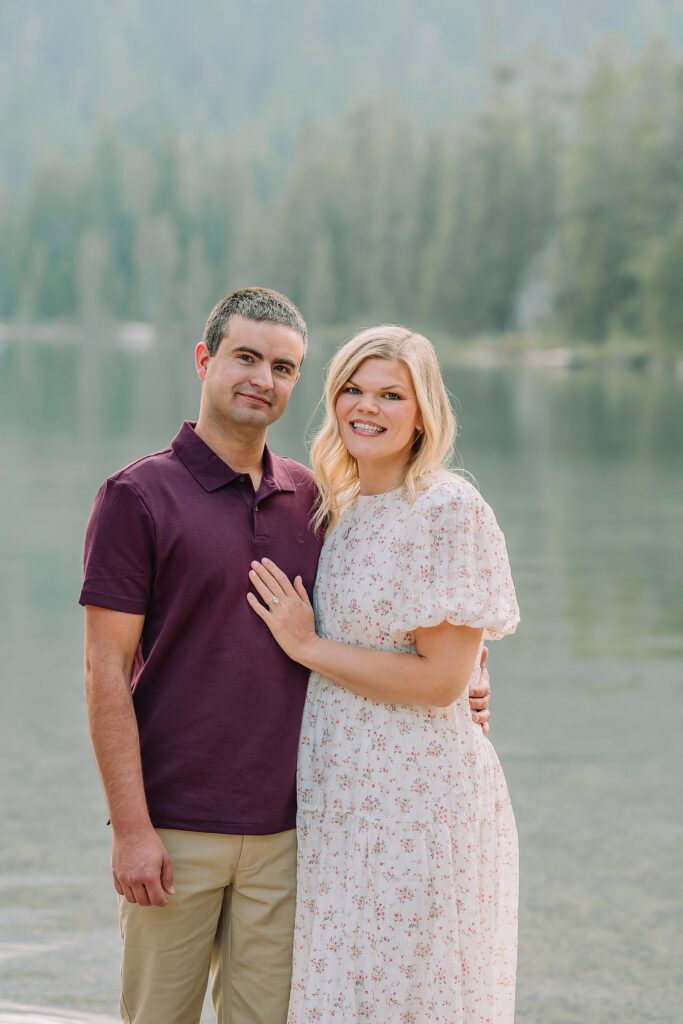 String Lake engagement photos in Grand Teton National Park Jackson Hole mountain engagement photography Teton engagement session at String Lake cream floral dress engagement photos Jackson Wyoming LDS temple wedding engagement photos Tetons fall engagement photo outfits Jackson Hole String Lake Wyoming couple photography session