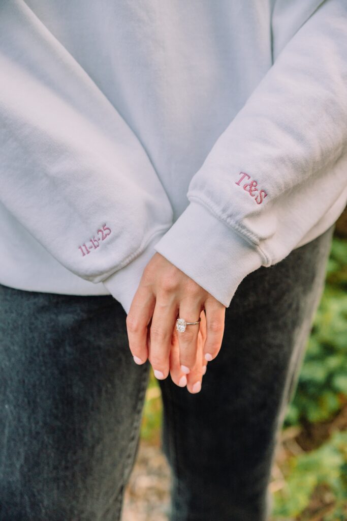 String Lake engagement photos in Grand Teton National Park Jackson Hole mountain engagement photography Teton engagement session at String Lake LDS temple wedding engagement photos Tetons fall engagement photo outfits Jackson Hole String Lake Wyoming couple photography session custom Mrs sweatshirt engagement pictures