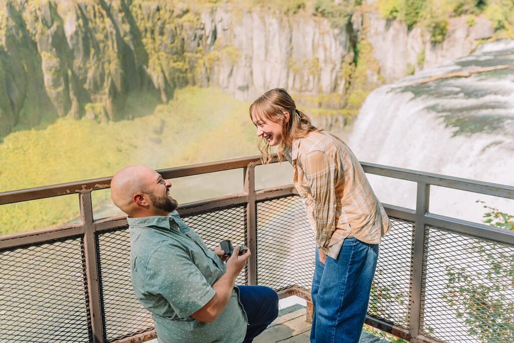 Mesa Falls Idaho proposal photography Upper Mesa Falls engagement photos boardwalk Idaho waterfall proposal photographer Mesa Falls rainbow proposal pictures