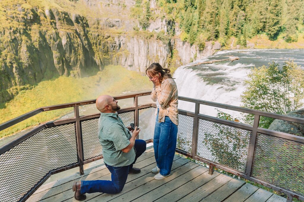 Mesa Falls Idaho proposal photography Upper Mesa Falls engagement photos boardwalk Idaho waterfall proposal photographer Mesa Falls rainbow proposal pictures