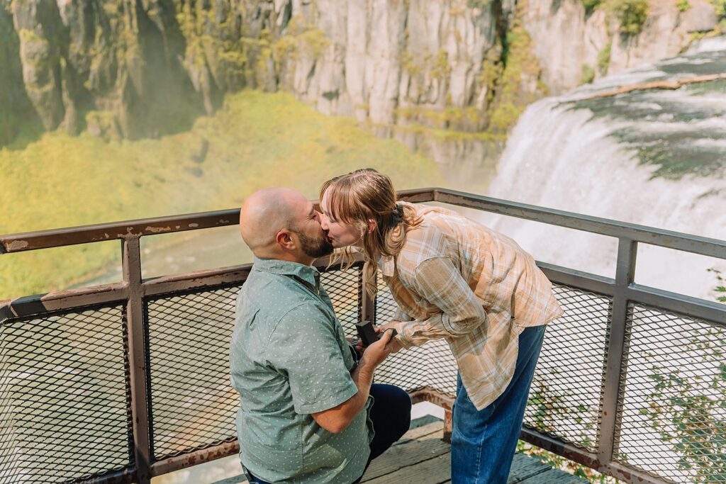 Mesa Falls Idaho proposal photography Upper Mesa Falls engagement photos boardwalk Idaho waterfall proposal photographer Mesa Falls rainbow proposal pictures