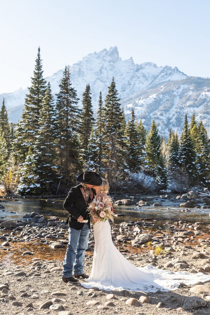 Grand Teton National Park wedding photography October Jenny Lake elopement photos with snow Jackson Hole Wedding Photos Lakeside wedding portraits in late Fall