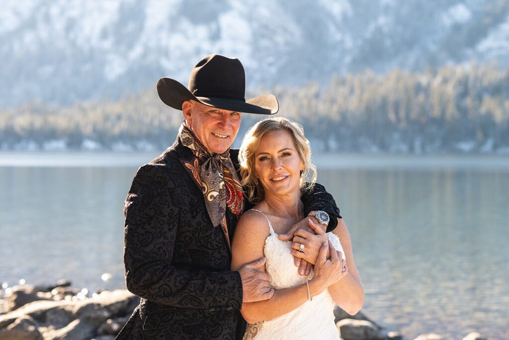 Grand Teton National Park wedding photography October Jenny Lake elopement photos with snow Jackson Hole Wedding Photos Lakeside wedding portraits in late Fall