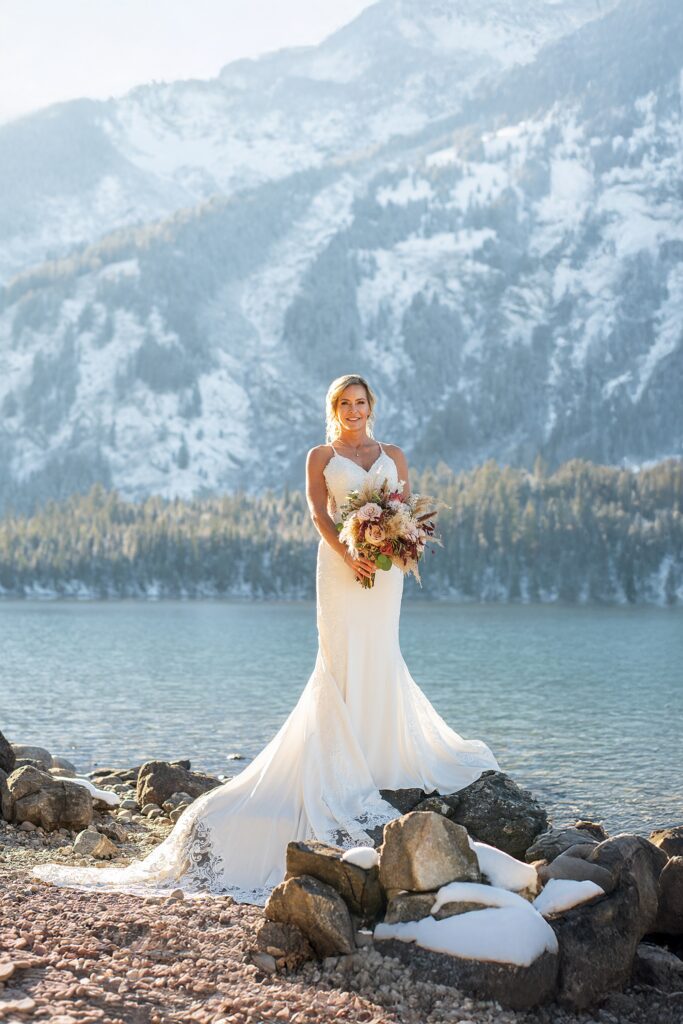 Grand Teton National Park wedding photography October Jenny Lake elopement photos with snow Jackson Hole Wedding Photos Lakeside wedding portraits in late Fall