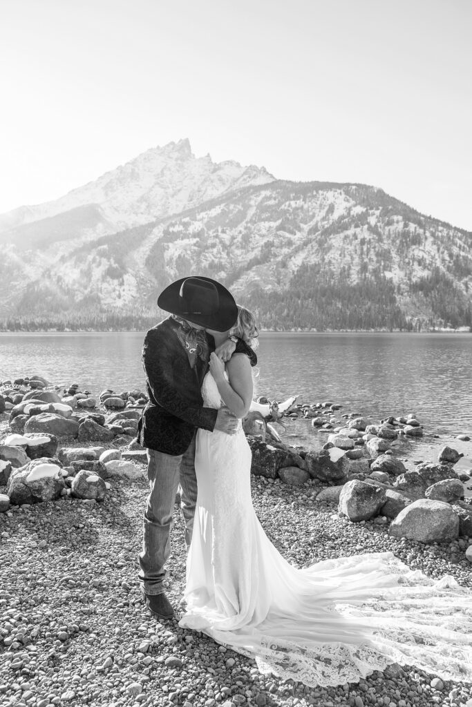 Grand Teton National Park wedding photography October Jenny Lake elopement photos with snow Jackson Hole Wedding Photos Lakeside wedding portraits in late Fall