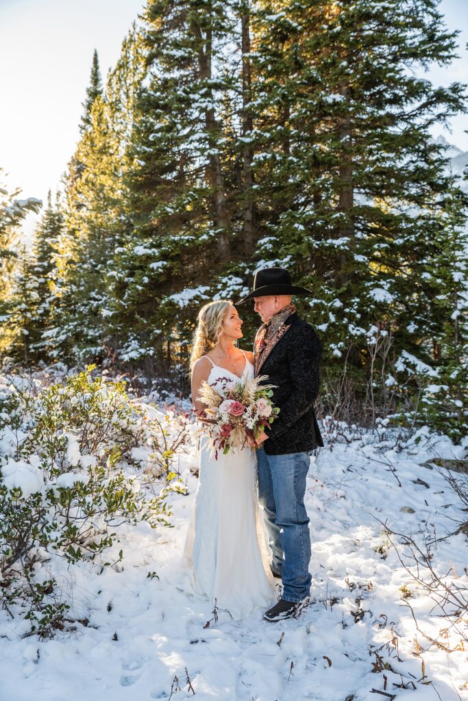 Grand Teton National Park wedding photography October Jenny Lake elopement photos with snow Jackson Hole Wedding Photos Lakeside wedding portraits in late Fall