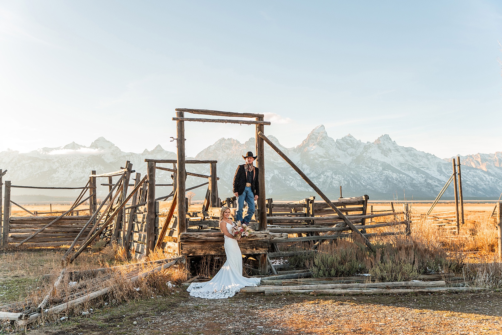 Mormon Row wedding portraits golden hour Rustic mountain wedding with Teton backdrop Cowboy themed groom style mountain wedding Vintage barn wedding photos Jackson Hole