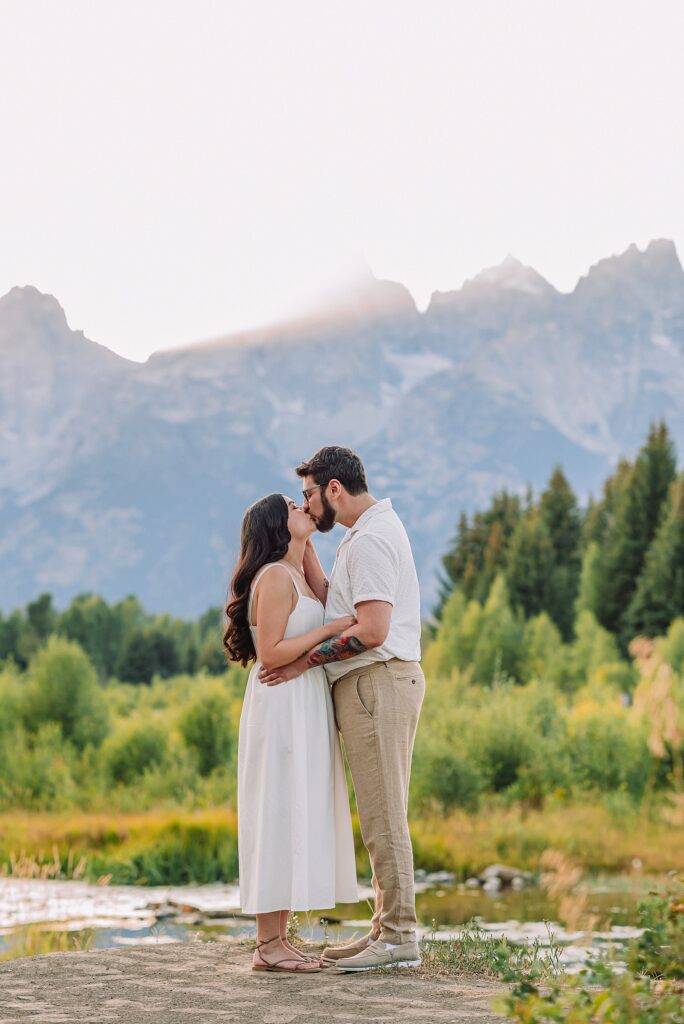 dreamy lighting engagement photography Jackson Hole area romantic Schwabacher Landing couples photography session Grand Teton National Park fall engagement pictures candid mountain engagement photos natural posing Wyoming Jackson Hole Photographer