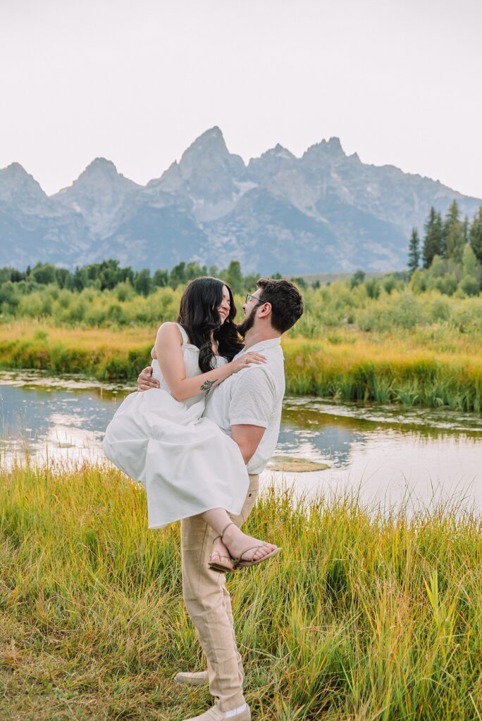 dreamy lighting engagement photography Jackson Hole area romantic Schwabacher Landing couples photography session Grand Teton National Park fall engagement pictures candid mountain engagement photos natural posing Wyoming Jackson Hole Photographer