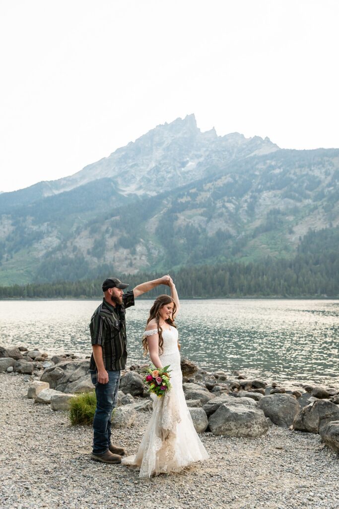 Jenny Lake sunset elopement portraits lace wedding gown Teton Mountains elopement Lakeshore wedding photos in Jackson Hole