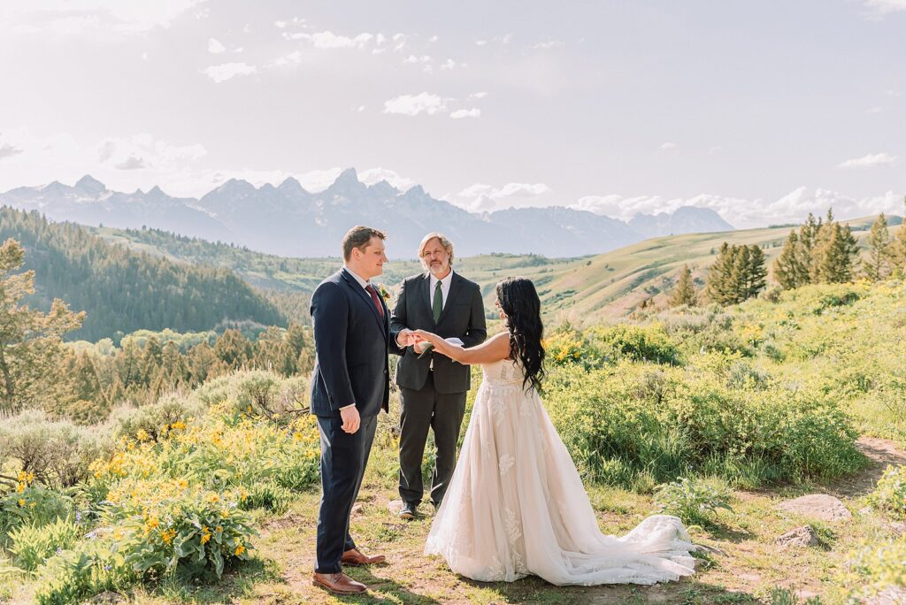 Bridger-Teton National Forest wedding ceremony photography The Wedding Tree elopement portraits Jackson Hole June wildflower wedding photography Wyoming mountains candid elopement photography Teton Range backdrop Jackson Hole Wedding Photographer Teton Mountains Wedding Photography