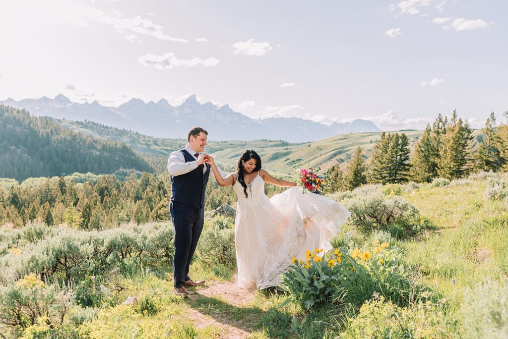 Bridger-Teton National Forest wedding ceremony photography The Wedding Tree elopement portraits Jackson Hole June wildflower wedding photography Wyoming mountains candid elopement photography Teton Range backdrop Jackson Hole Wedding Photographer Teton Mountains Wedding Photography