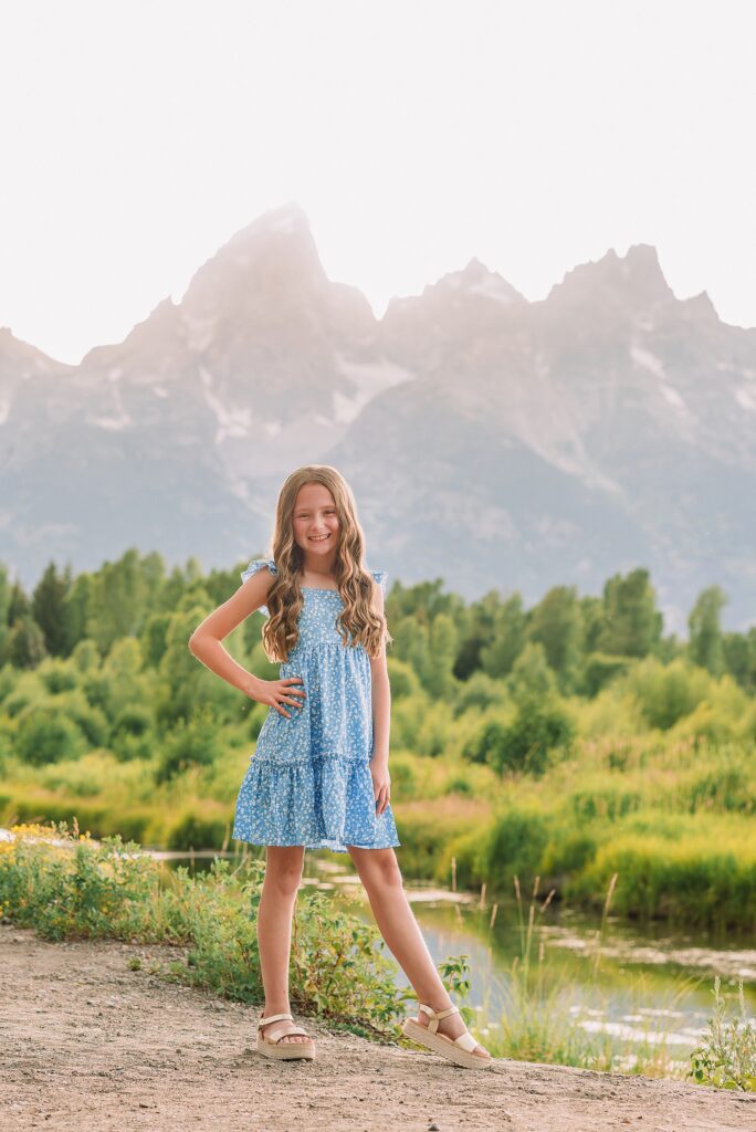 summer family session Jackson Hole Teton mountain backdrop family portraits coordinating family outfits without matching Grand Teton vacation photographer