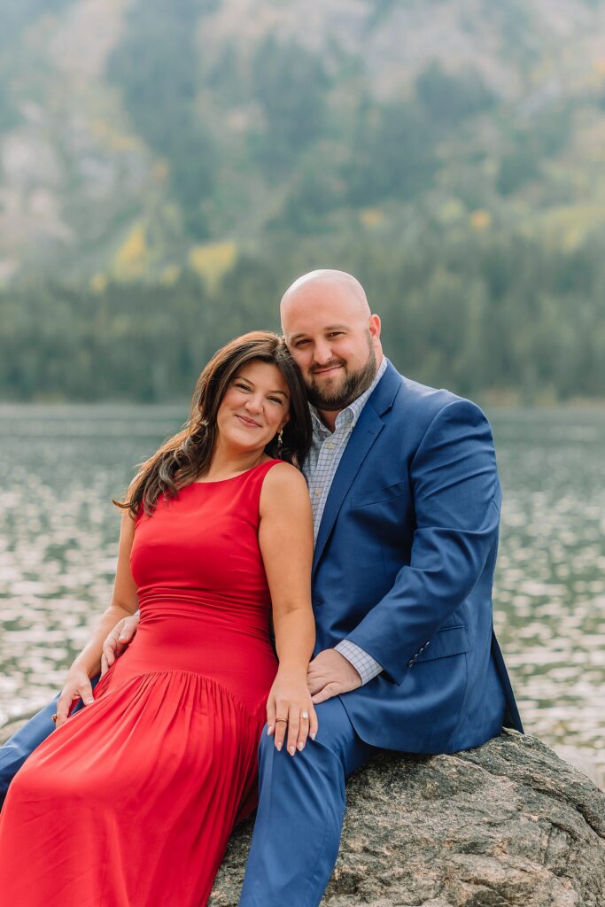 Grand Teton National Park engagement photos Jenny Lake engagement session Wyoming dressy engagement session outfit ideas Couple poses ideas What to wear for your engagement session