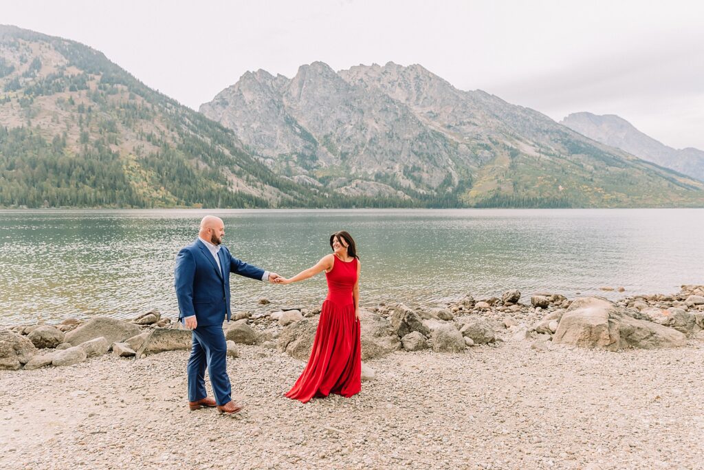 Grand Teton National Park engagement photos Jenny Lake engagement session Wyoming dressy engagement session outfit ideas Couple poses ideas What to wear for your engagement session