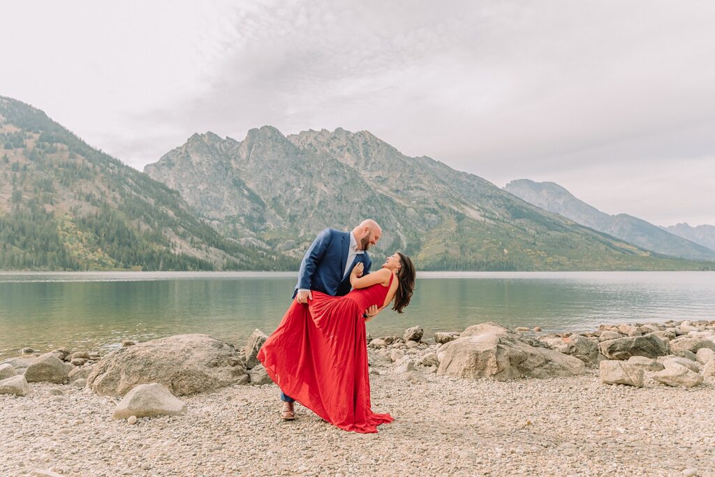 Grand Teton National Park engagement photos Jenny Lake engagement session Wyoming dressy engagement session outfit ideas Couple poses ideas What to wear for your engagement session