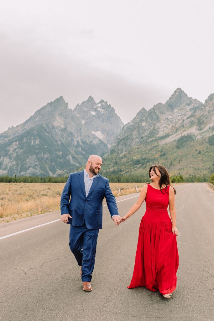 Cathedral View Turnout engagement photography Wyoming couples photographer Jackson Hole Cathedral View Turnout engagement photography dressy engagement session outfit ideas