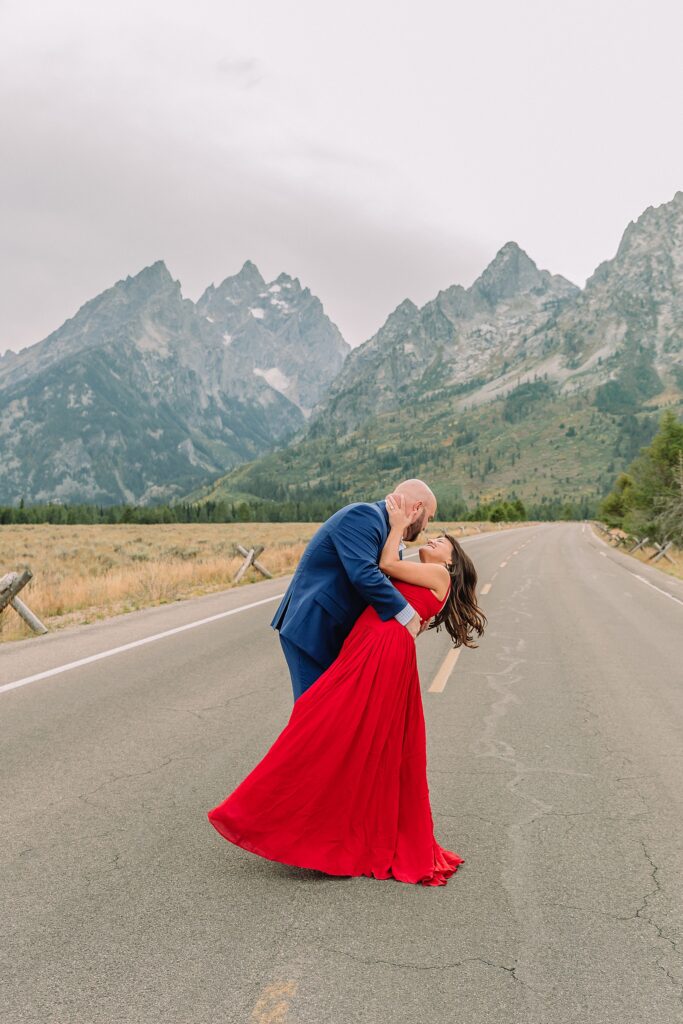 Cathedral View Turnout engagement photography Wyoming couples photographer Jackson Hole Cathedral View Turnout engagement photography dressy engagement session outfit ideas