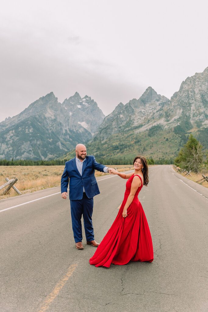 Cathedral View Turnout engagement photography Wyoming couples photographer Jackson Hole Cathedral View Turnout engagement photography dressy engagement session outfit ideas