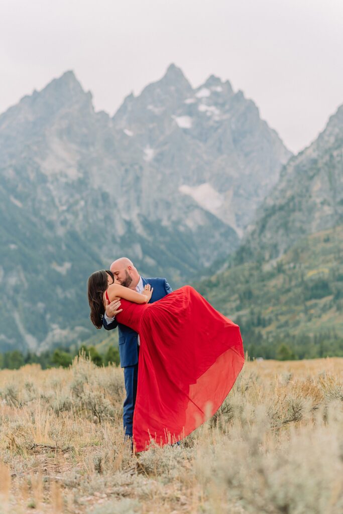 Cathedral View Turnout engagement photography Wyoming couples photographer Jackson Hole Cathedral View Turnout engagement photography dressy engagement session outfit ideas