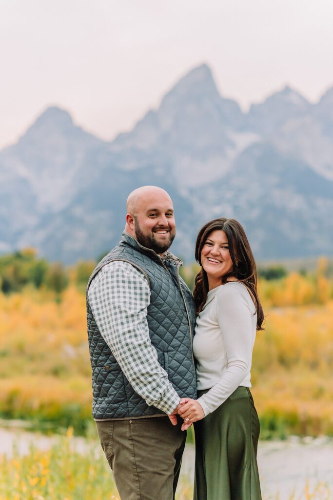 Schwabacher Landing sunset engagement photos mountain engagement photos Grand Tetons multiple outfit engagement photo session Jackson Hole Engagement Photographer