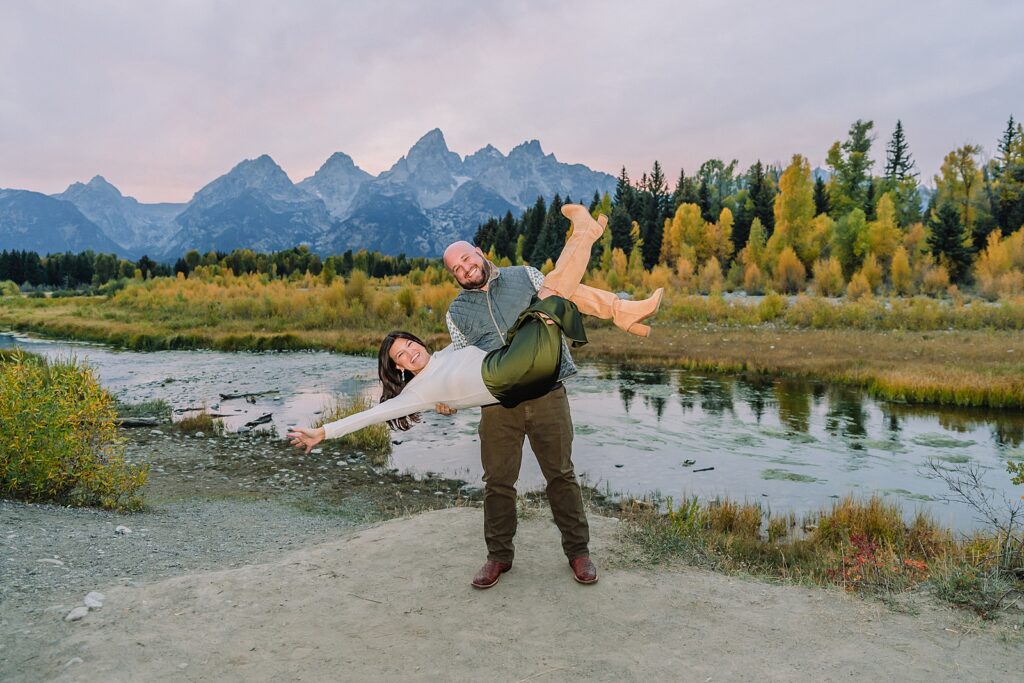 Schwabacher Landing sunset engagement photos mountain engagement photos Grand Tetons multiple outfit engagement photo session Jackson Hole Engagement Photographer