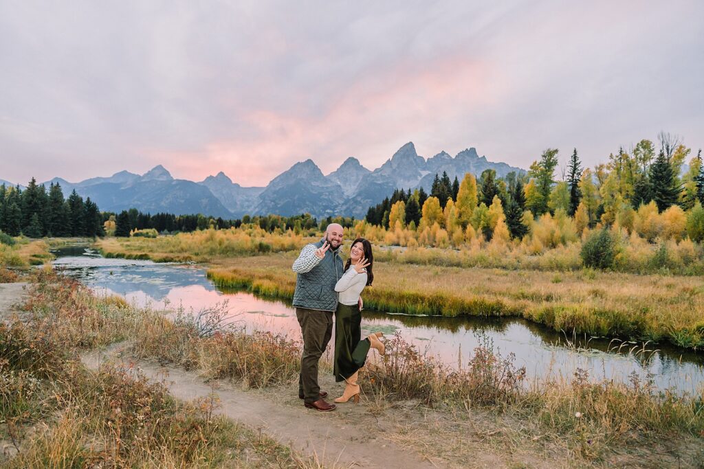 Schwabacher Landing sunset engagement photos mountain engagement photos Grand Tetons multiple outfit engagement photo session Jackson Hole Engagement Photographer
