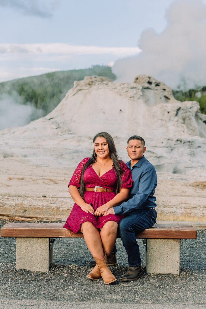 Yellowstone engagement photos at Castle Geyser Old Faithful Inn engagement session Upper Geyser Basin engagement photography Firehole River bridge engagement photos Castle Geyser proposal location photos