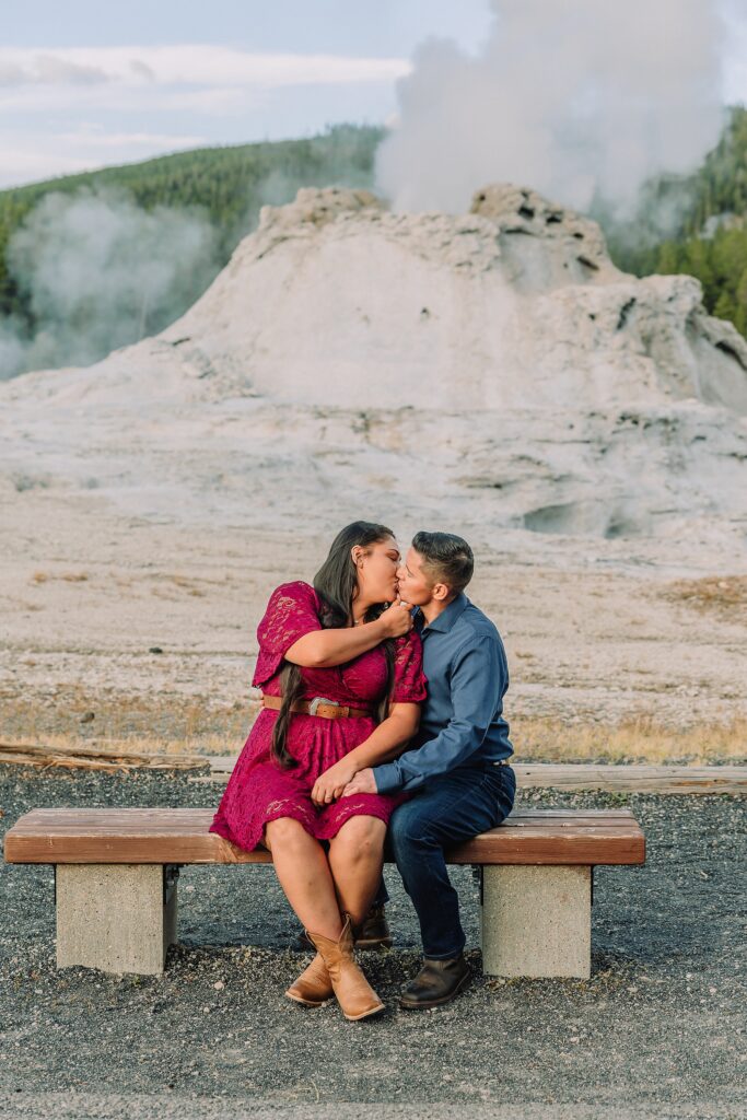 Yellowstone engagement photos at Castle Geyser Old Faithful Inn engagement session Upper Geyser Basin engagement photography Firehole River bridge engagement photos Castle Geyser proposal location photos