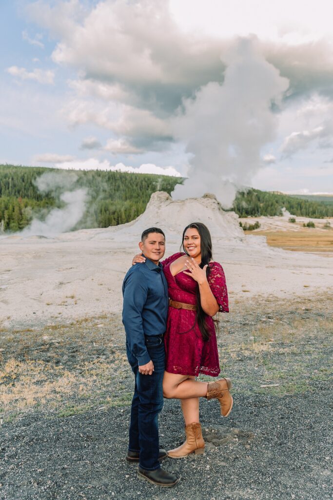 Yellowstone engagement photos at Castle Geyser Old Faithful Inn engagement session Upper Geyser Basin engagement photography Firehole River bridge engagement photos Castle Geyser proposal location photos