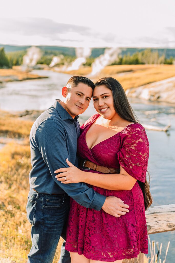 Yellowstone engagement photos at Castle Geyser Upper Geyser Basin engagement photography Firehole River bridge engagement photos Old Faithful elopement photographer Yellowstone hot springs engagement session Yellowstone Engagement Photographer