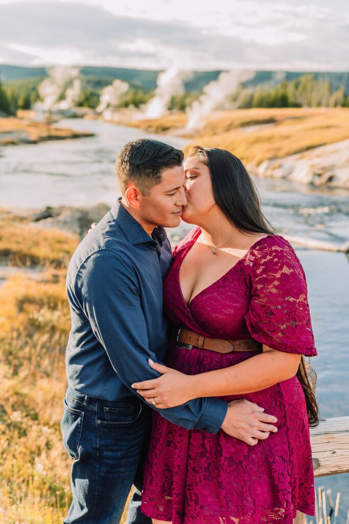 Yellowstone engagement photos at Castle Geyser Upper Geyser Basin engagement photography Firehole River bridge engagement photos Old Faithful elopement photographer Yellowstone hot springs engagement session Yellowstone Engagement Photographer