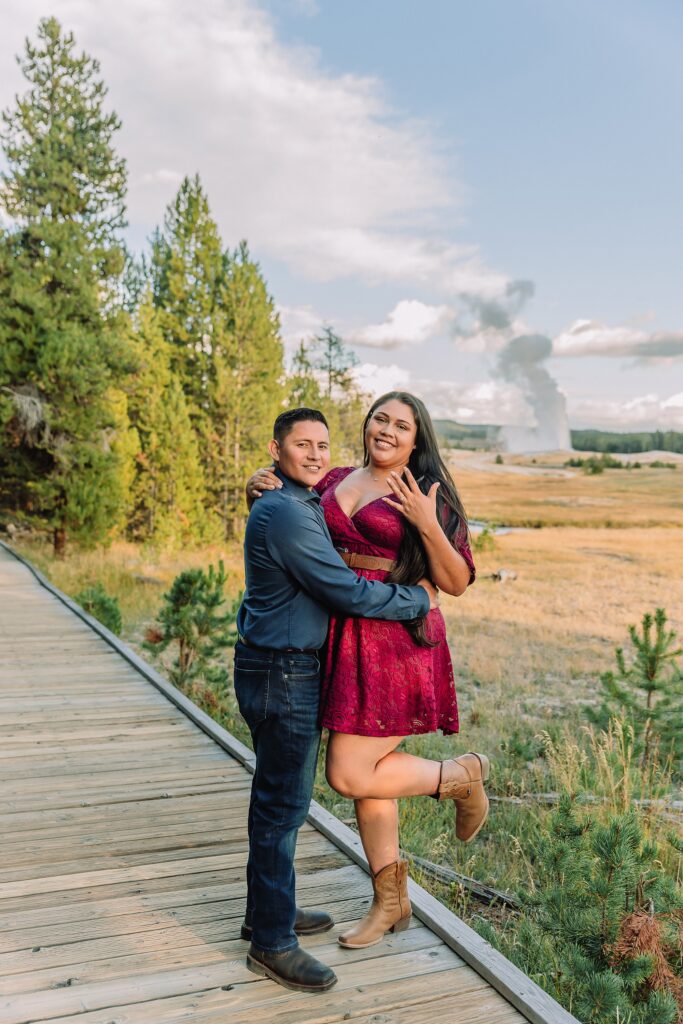 Yellowstone engagement photos at Castle Geyser Upper Geyser Basin engagement photography Firehole River bridge engagement photos Old Faithful elopement photographer Yellowstone hot springs engagement session Yellowstone Engagement Photographer