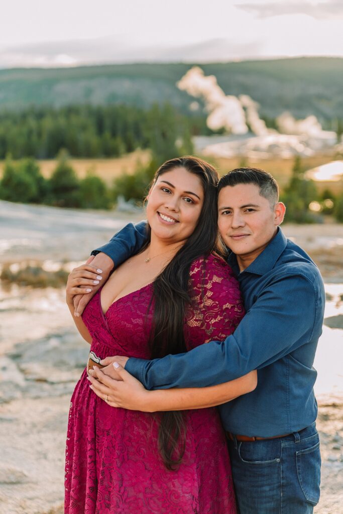 Yellowstone engagement photos at Castle Geyser Old Faithful Inn engagement session Upper Geyser Basin engagement photography Yellowstone hot springs engagement session Yellowstone Engagement Photographer