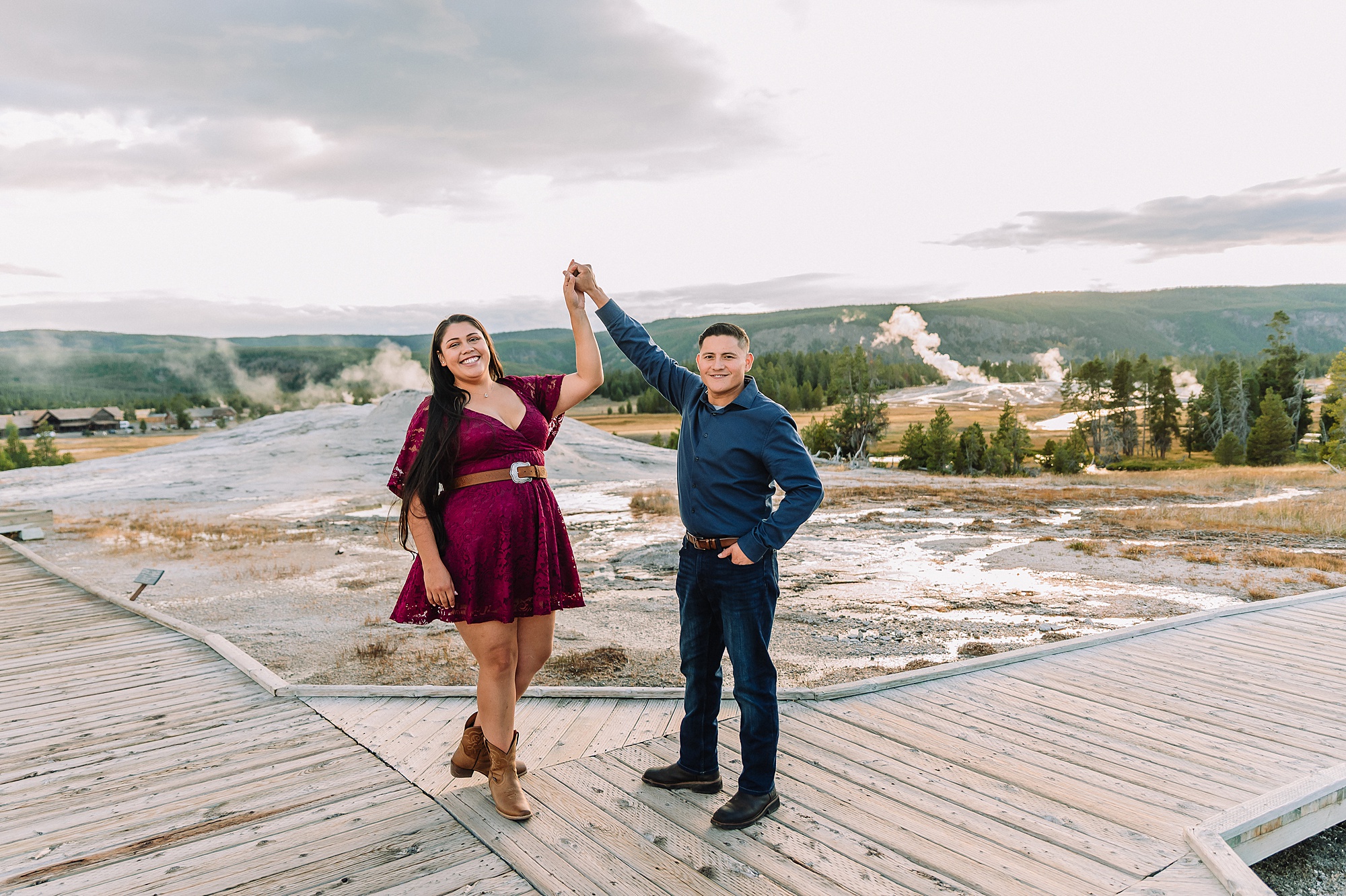 Yellowstone engagement photos at Castle Geyser Old Faithful Inn engagement session Upper Geyser Basin engagement photography Yellowstone hot springs engagement session Yellowstone Engagement Photographer