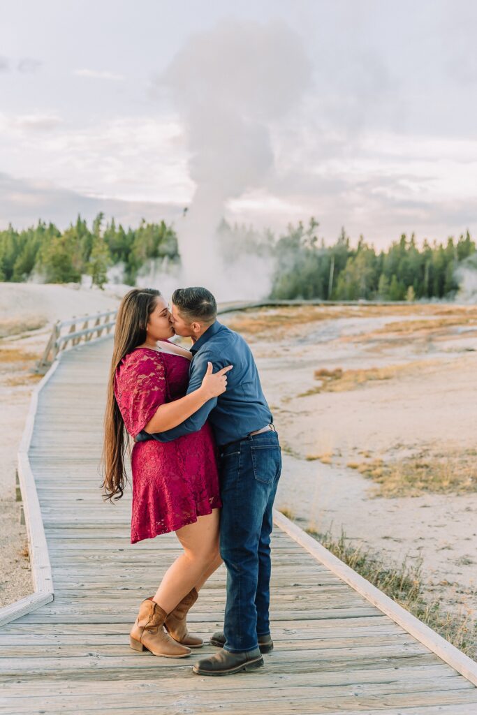 Yellowstone engagement photos at Castle Geyser Old Faithful Inn engagement session Upper Geyser Basin engagement photography Yellowstone hot springs engagement session Yellowstone Engagement Photographer